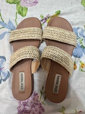 Steve Madden Natural Woven Double-Strap Slide Sandals